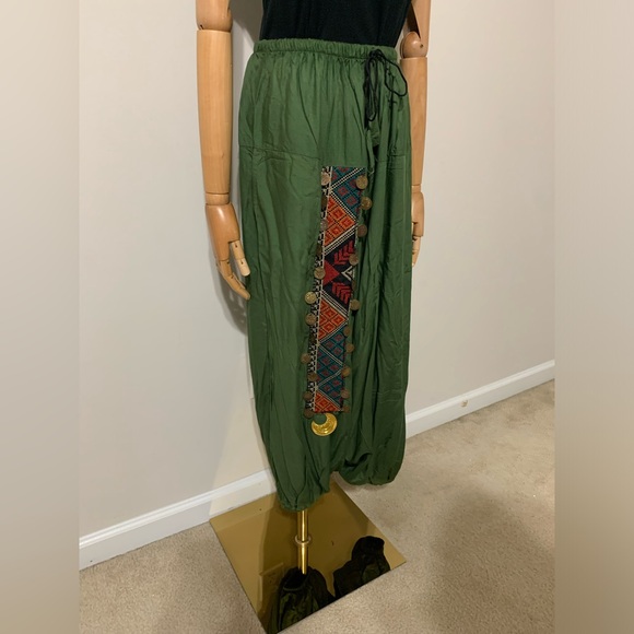 Green Triangles Hobo Embroidered Low Harem Baggy Pants - Picture 5 of 17